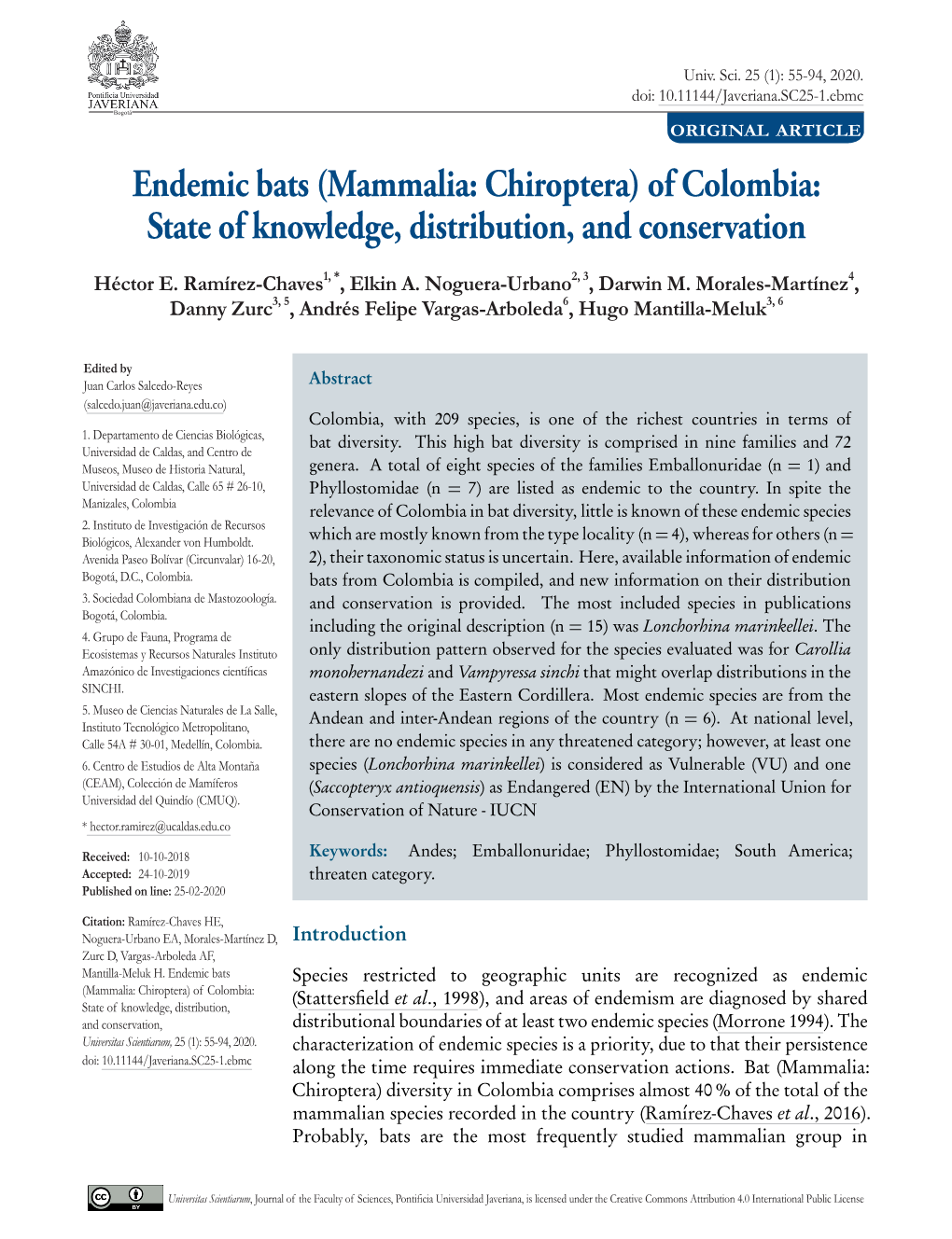 Endemic Bats (Mammalia: Chiroptera) of Colombia: State of Knowledge, Distribution, and Conservation