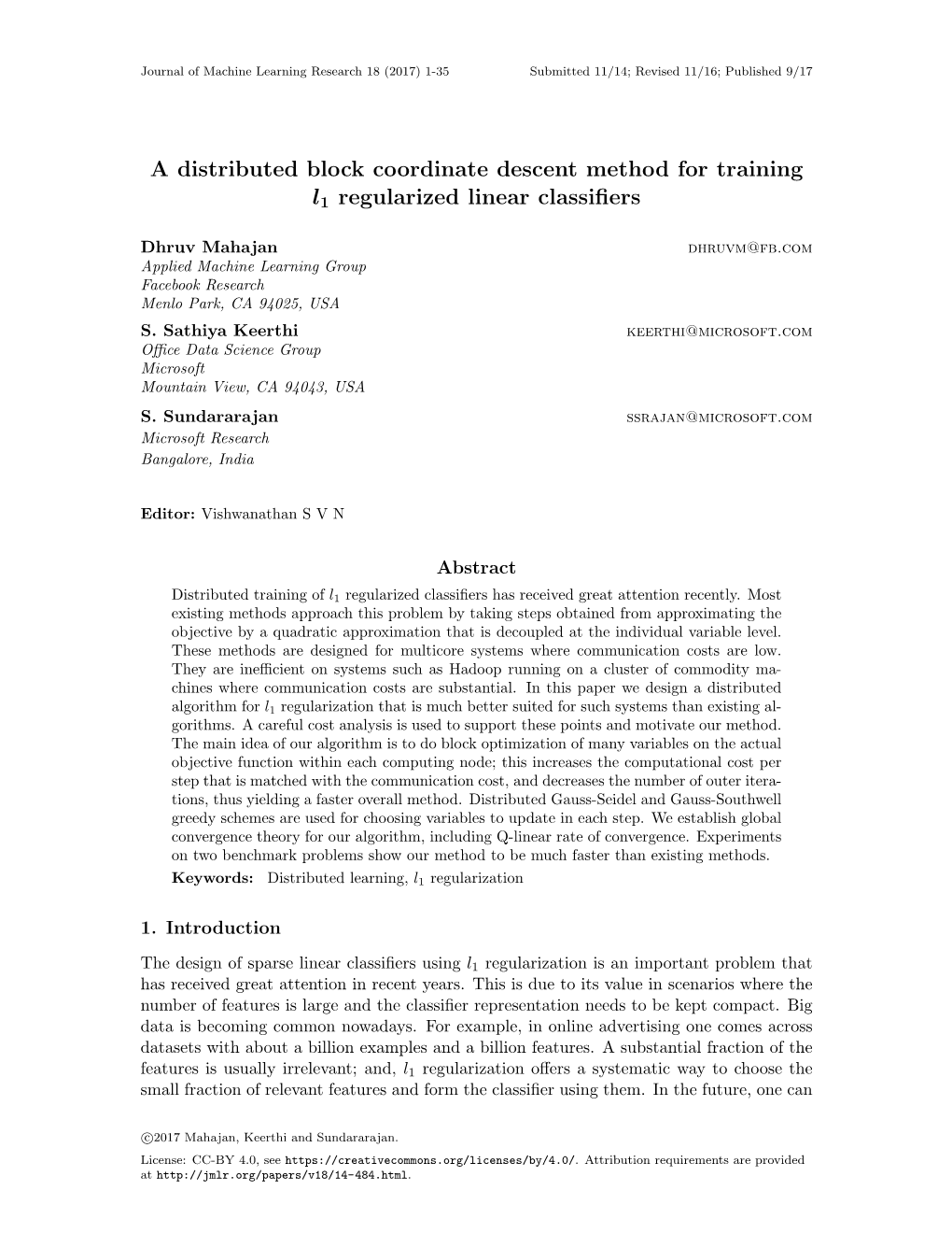 A Distributed Block Coordinate Descent Method for Training L1 Regularized Linear Classiﬁers