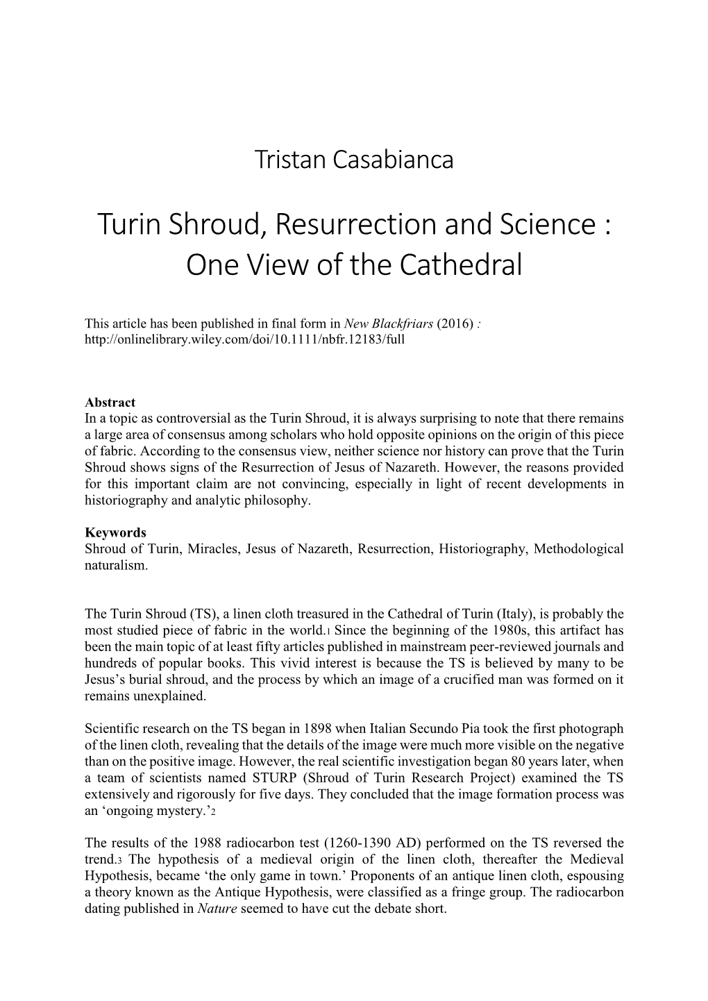 Turin Shroud, Resurrection and Science : One View of the Cathedral