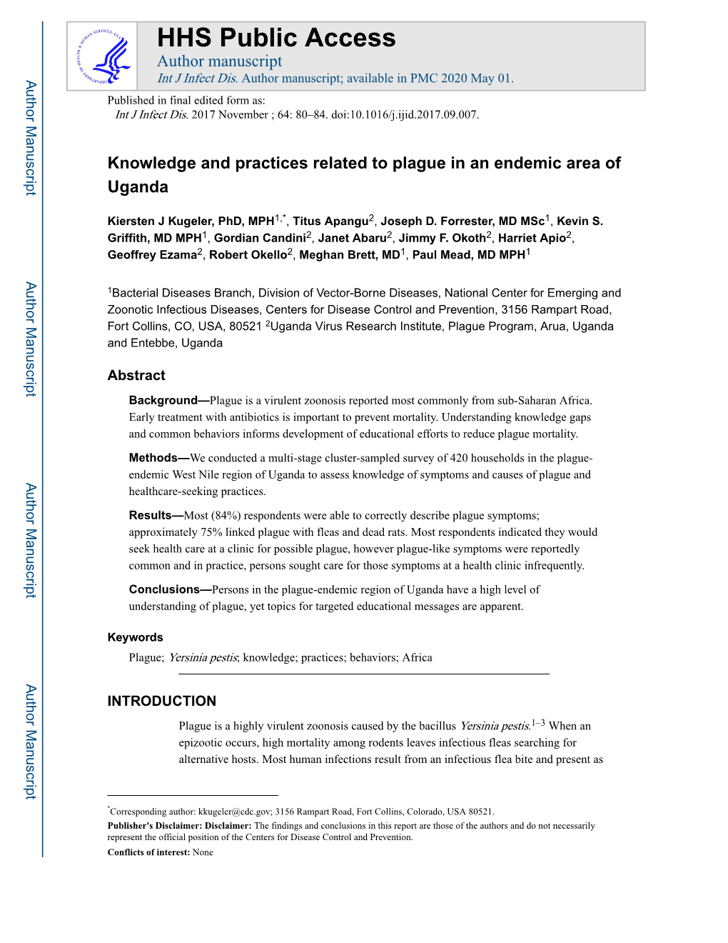 Knowledge and Practices Related to Plague in an Endemic Area of Uganda