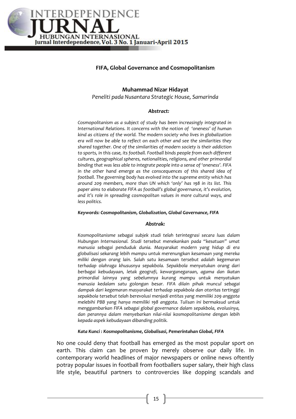 FIFA, Global Governance and Cosmopolitanism Muhammad Nizar