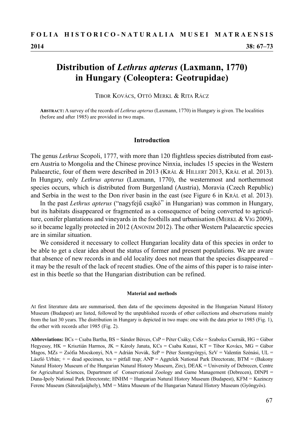 Distribution of Lethrus Apterus (Laxmann, 1770) in Hungary (Coleoptera: Geotrupidae)