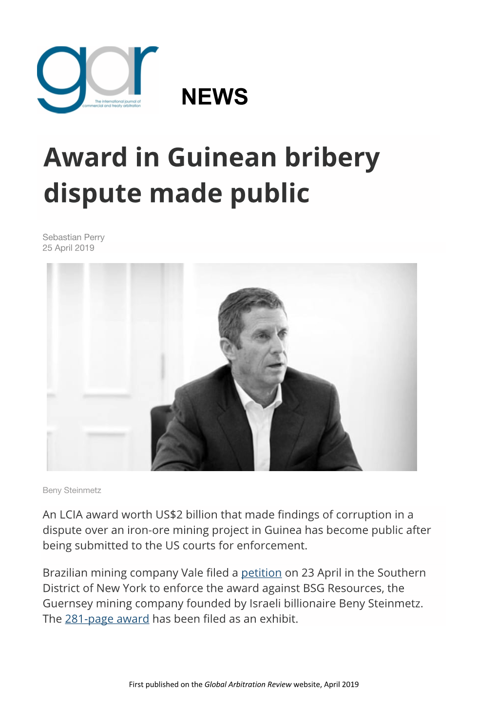 Award in Guinean Bribery Dispute Made Public