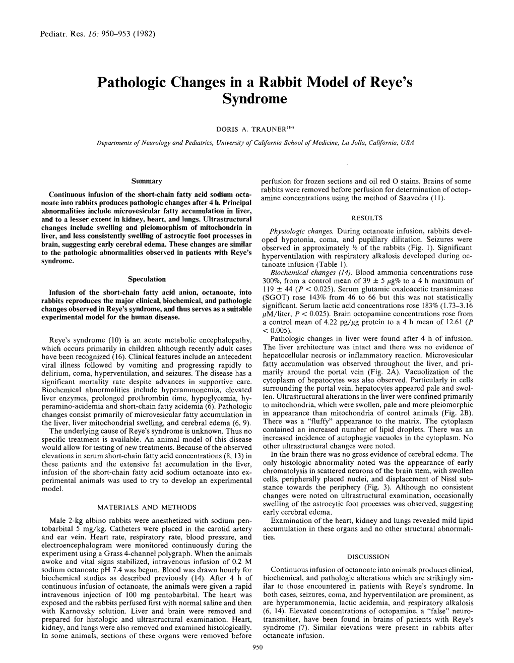 Pathologic Changes in a Rabbit Model of Reye's Syndrome