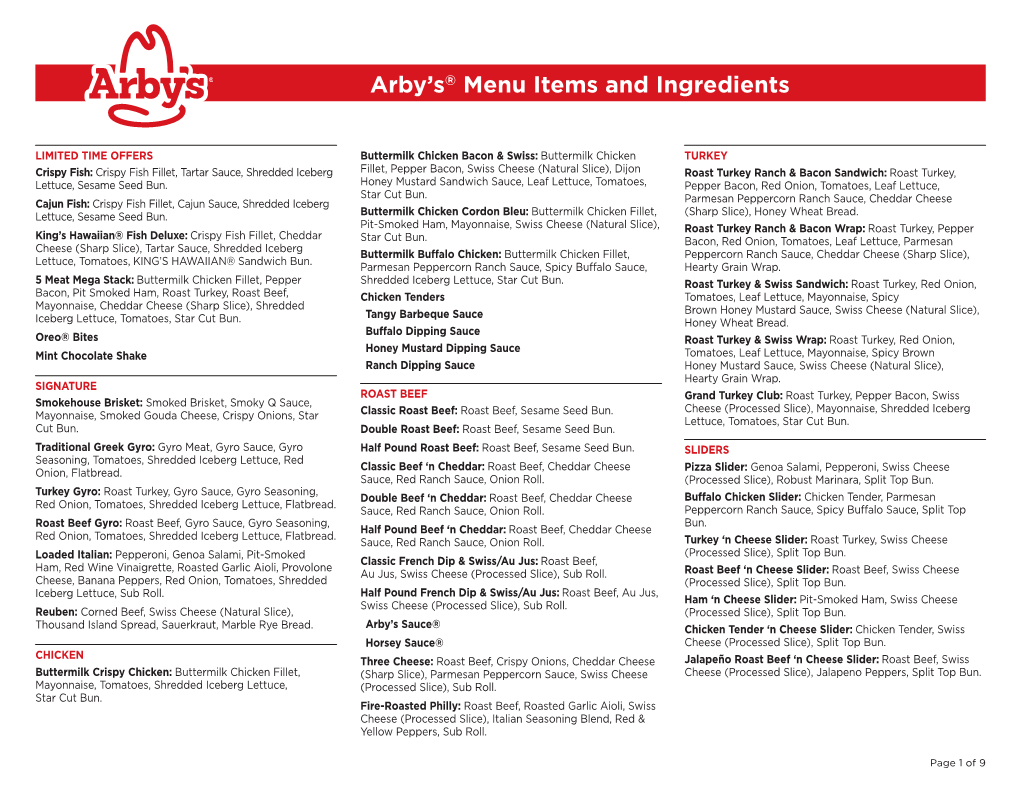 Arby's® Menu Items and Ingredients