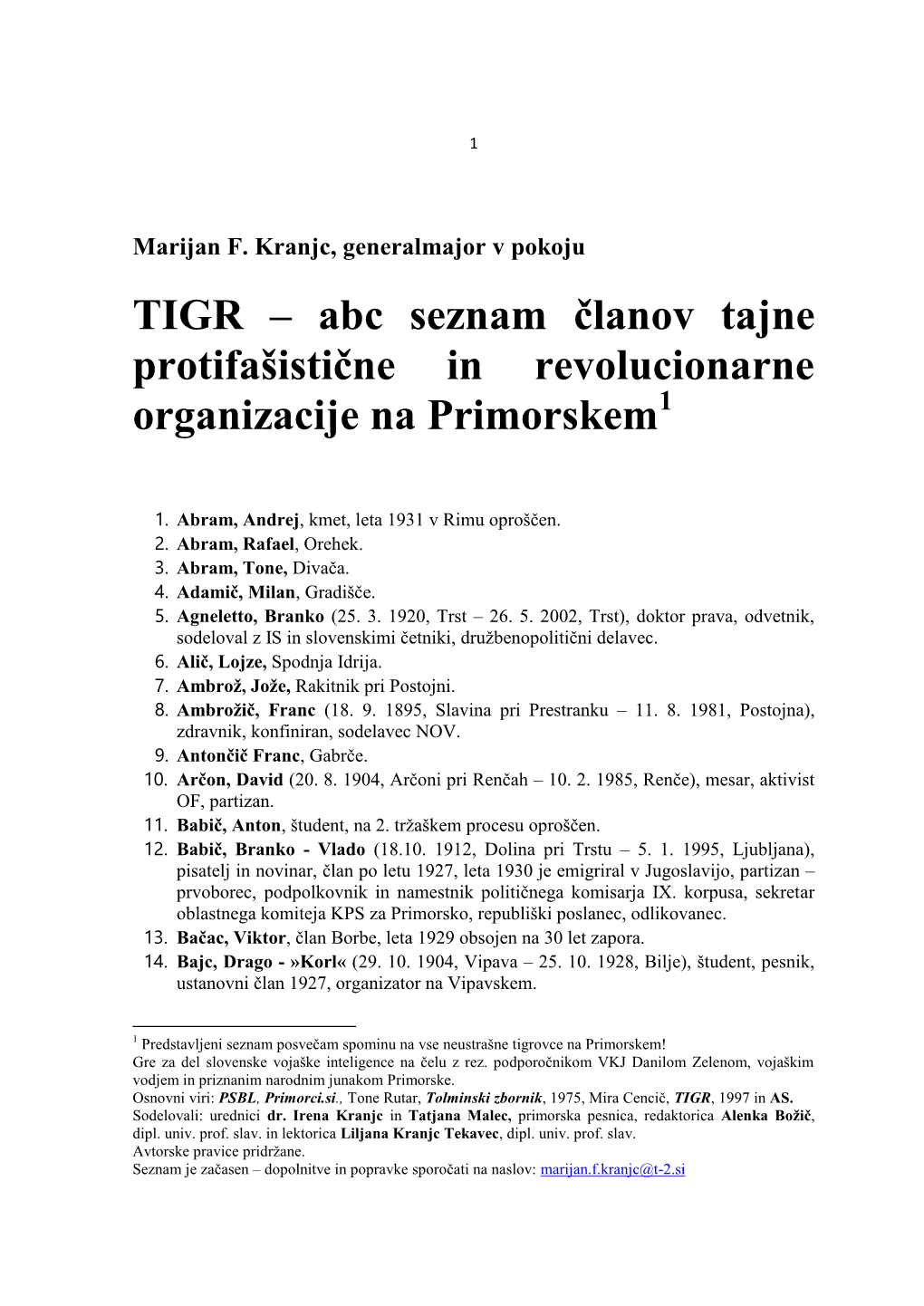 TIGR – Abc Seznam Članov Tajne Protifašistične in Revolucionarne Organizacije Na Primorskem1
