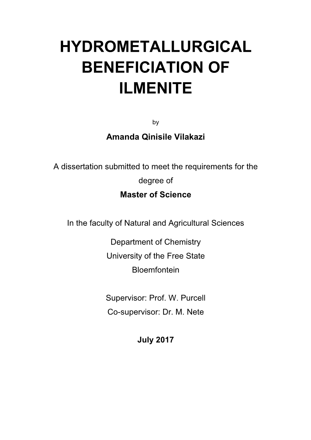 Hydrometallurgical Beneficiation of Ilmenite