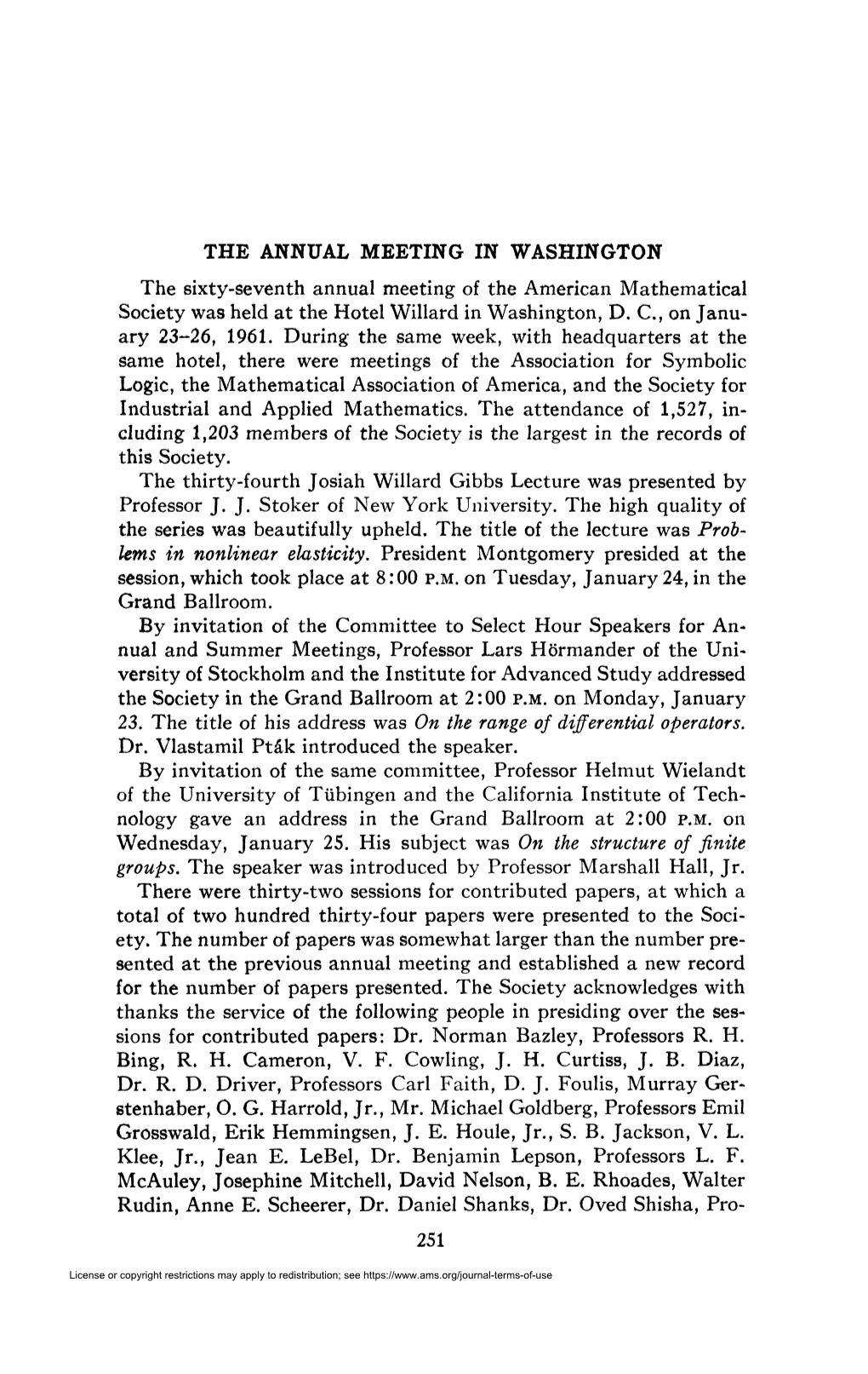 THE ANNUAL MEETING in WASHINGTON the Sixty-Seventh Annual Meeting of the American Mathematical Society Was Held at the Hotel Willard in Washington, D