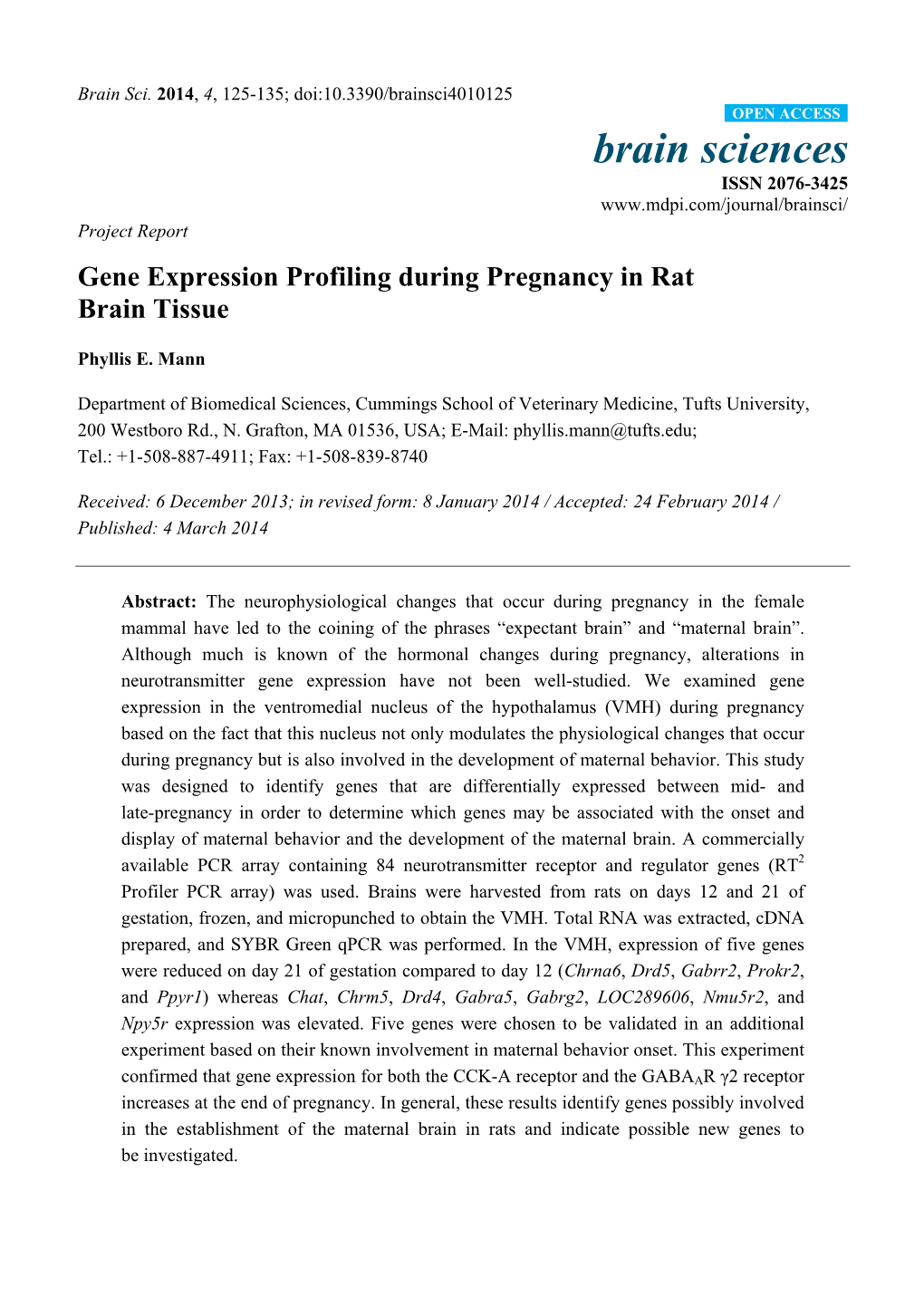 Gene Expression Profiling During Pregnancy in Rat Brain Tissue