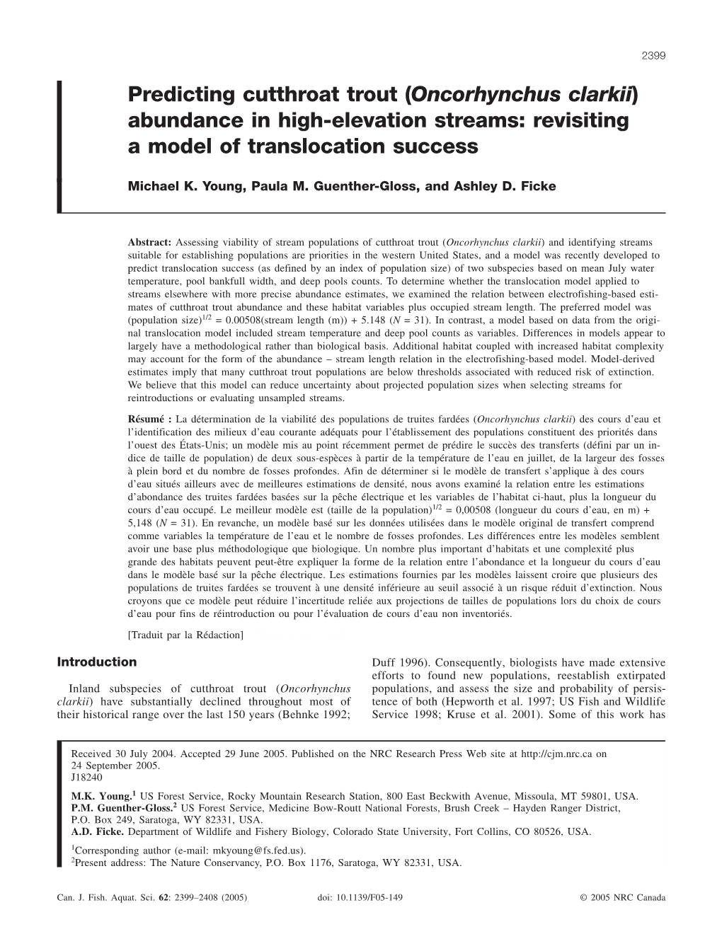 Predicting Cutthroat Trout (Oncorhynchus Clarkii) Abundance in High-Elevation Streams: Revisiting a Model of Translocation Success