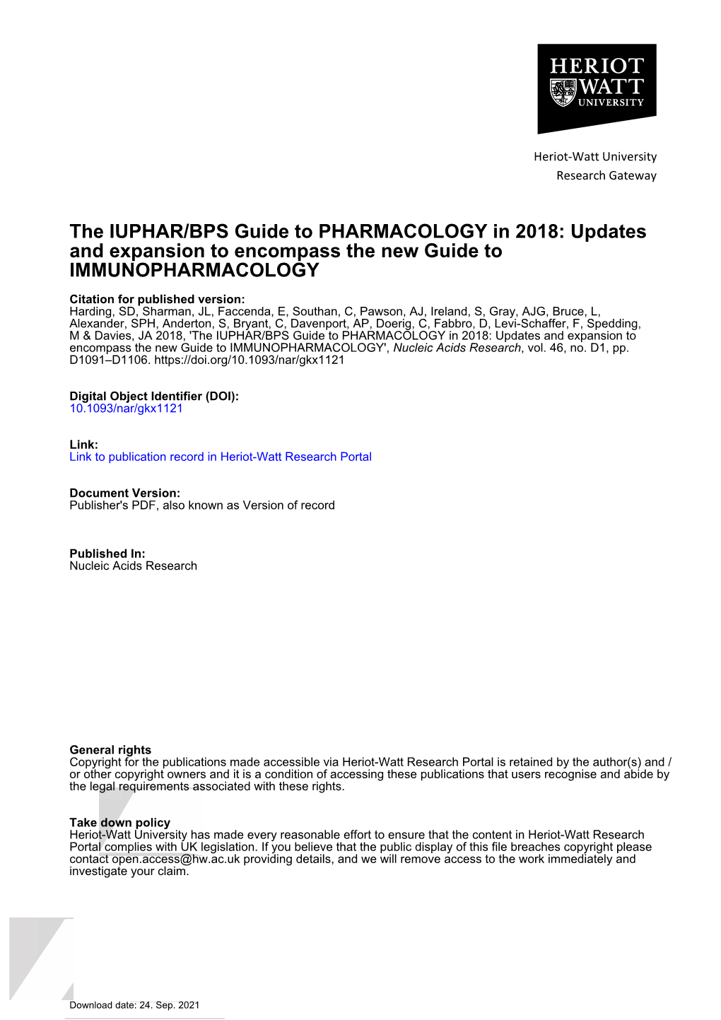 The IUPHAR/BPS Guide to PHARMACOLOGY in 2018: Updates and Expansion to Encompass the New Guide to IMMUNOPHARMACOLOGY