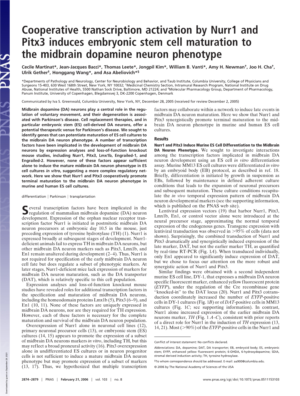Cooperative Transcription Activation by Nurr1 and Pitx3 Induces Embryonic Stem Cell Maturation to the Midbrain Dopamine Neuron Phenotype