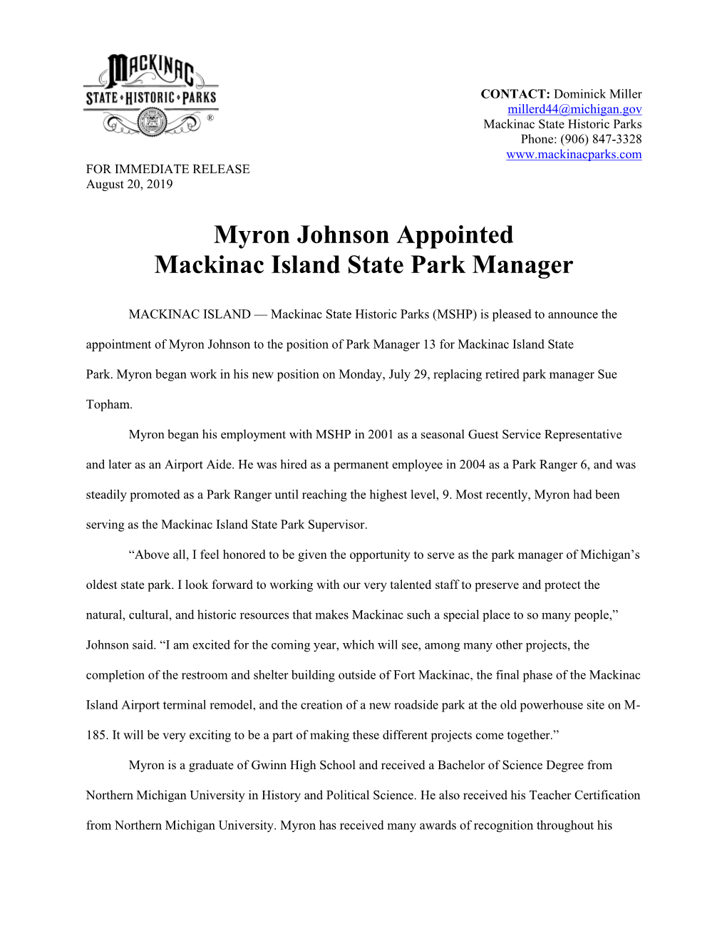 Myron Johnson Appointed Mackinac Island State Park Manager