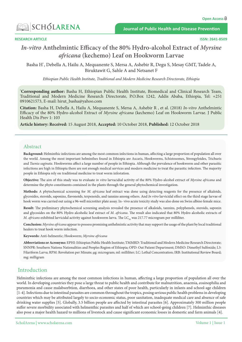 In-Vitro Anthelmintic Efficacy of the 80% Hydro-Alcoholextract Of