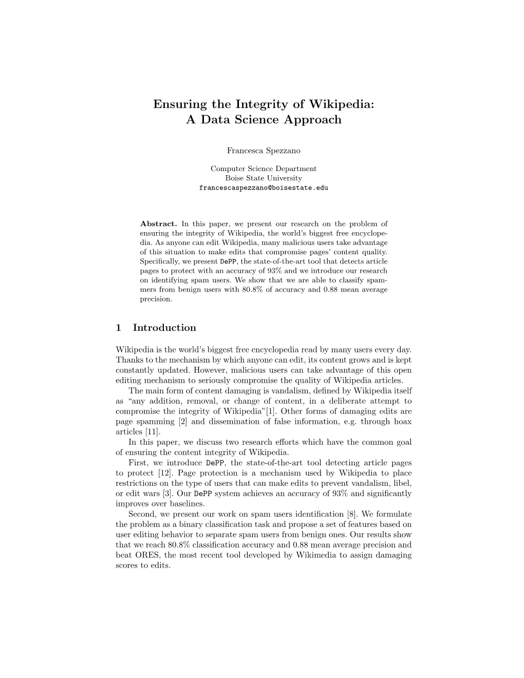 Ensuring the Integrity of Wikipedia: a Data Science Approach