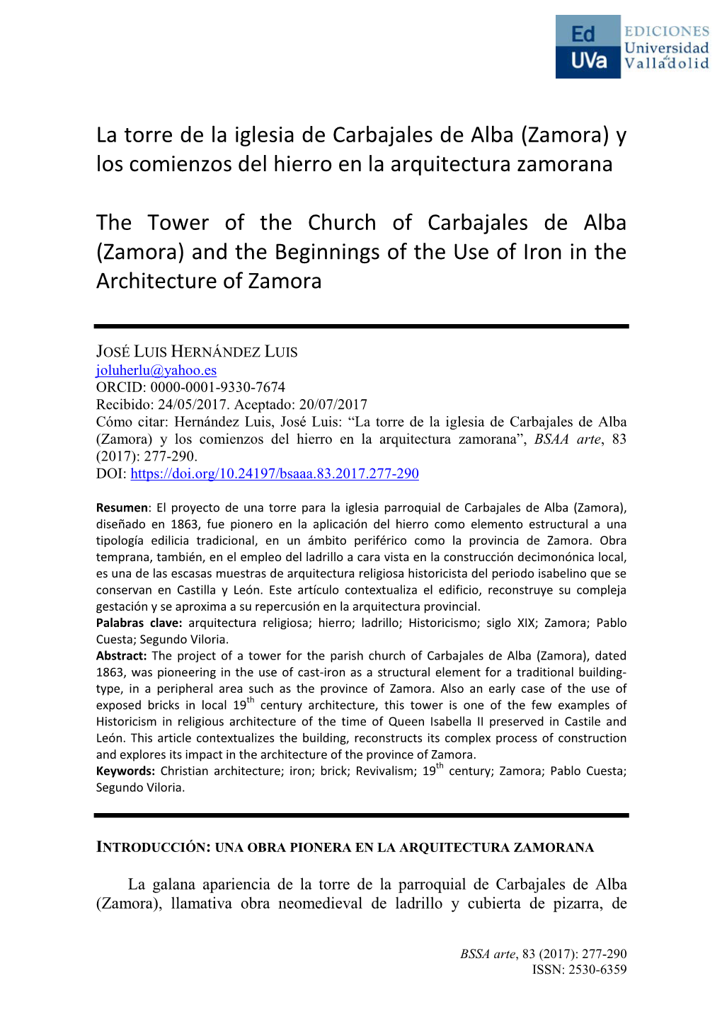 La Torre De La Iglesia De Carbajales De Alba (Zamora) Y Los Comienzos Del Hierro En La Arquitectura Zamorana
