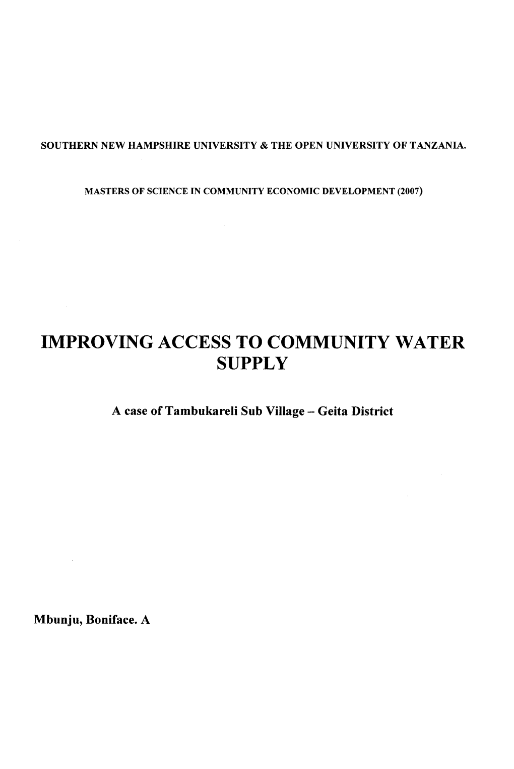 Improving Access to Community Water Supply : a Case of Tambukareli Sub