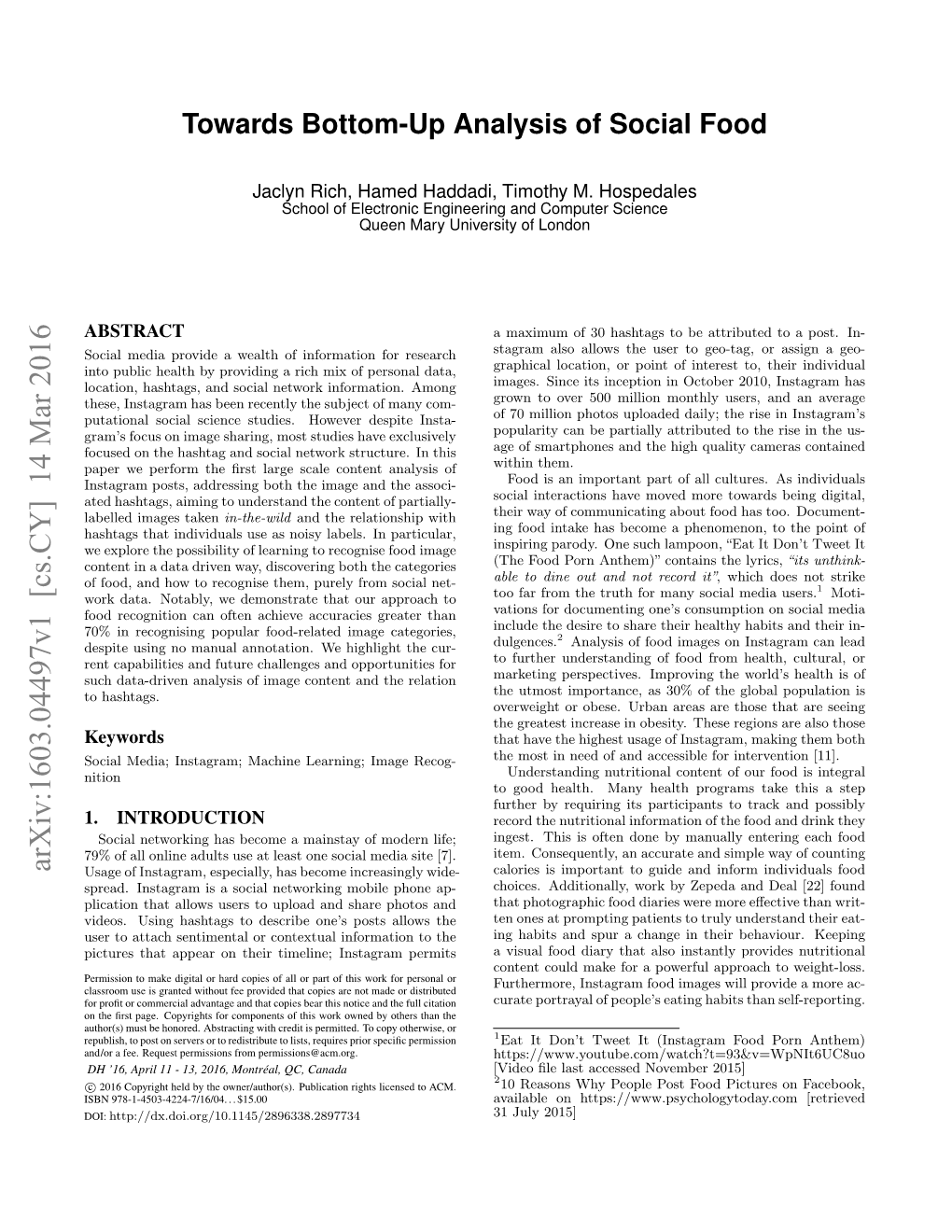 Towards Bottom-Up Analysis of Social Food