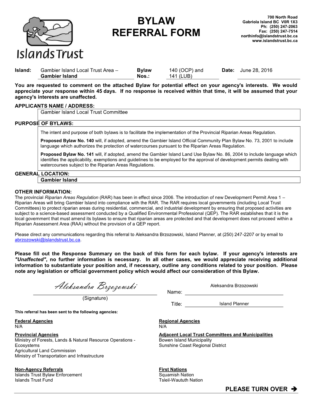 Bylaw Referral Form Response Summary