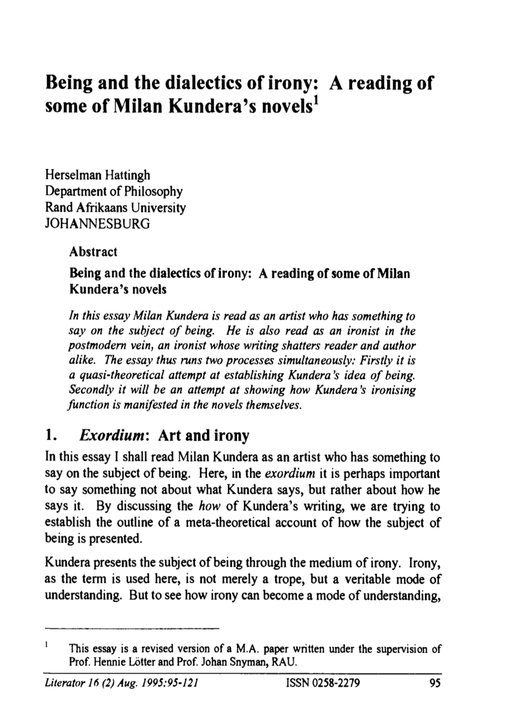 Being and the Dialectics of Irony: a Reading of Some of Milan Kundera's