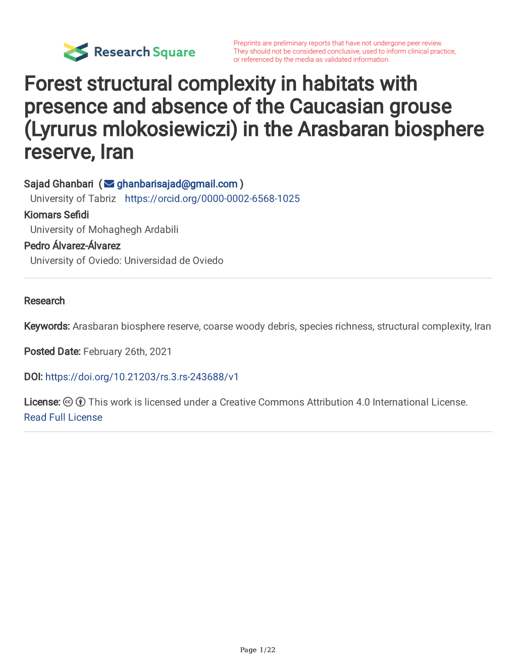 Forest Structural Complexity in Habitats with Presence and Absence of the Caucasian Grouse (Lyrurus Mlokosiewiczi) in the Arasbaran Biosphere Reserve, Iran