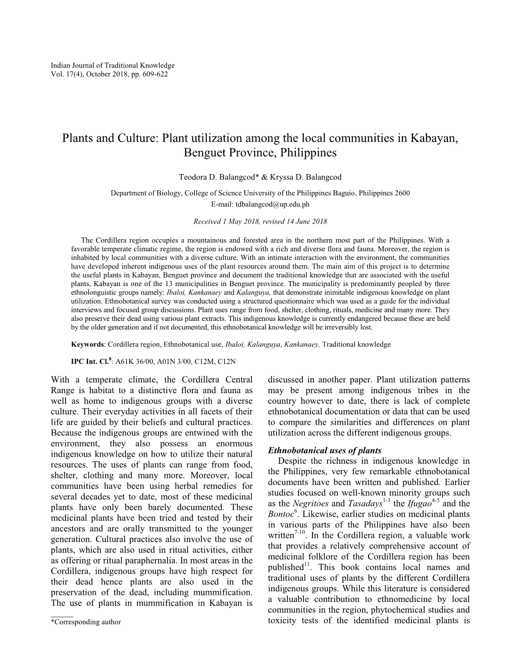 Plants and Culture: Plant Utilization Among the Local Communities in Kabayan, Benguet Province, Philippines