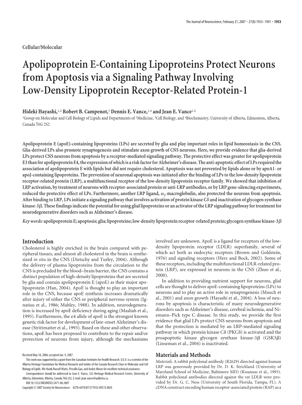 Apolipoprotein E-Containing Lipoproteins Protect Neurons from Apoptosis Via a Signaling Pathway Involving Low-Density Lipoprotein Receptor-Related Protein-1