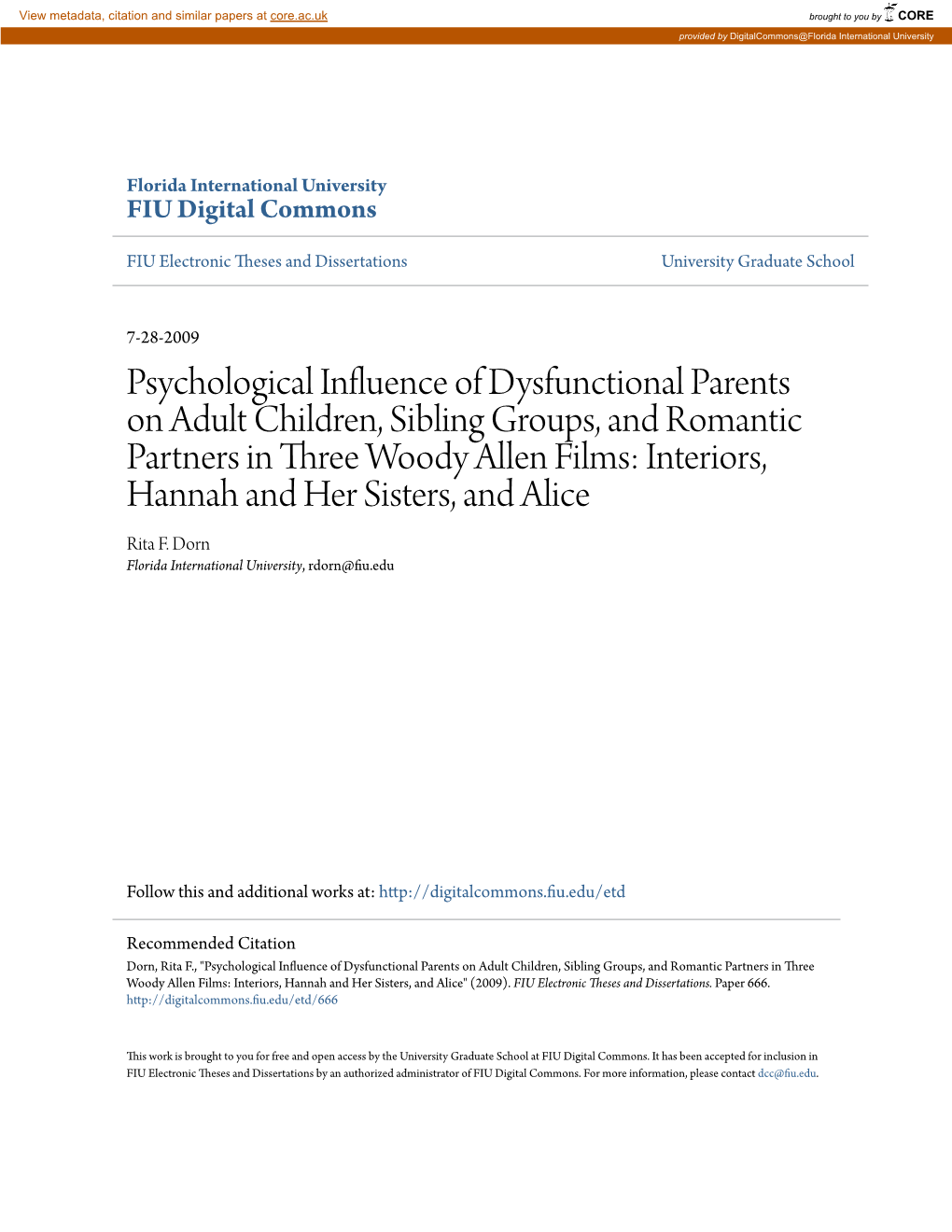 Psychological Influence of Dysfunctional Parents on Adult