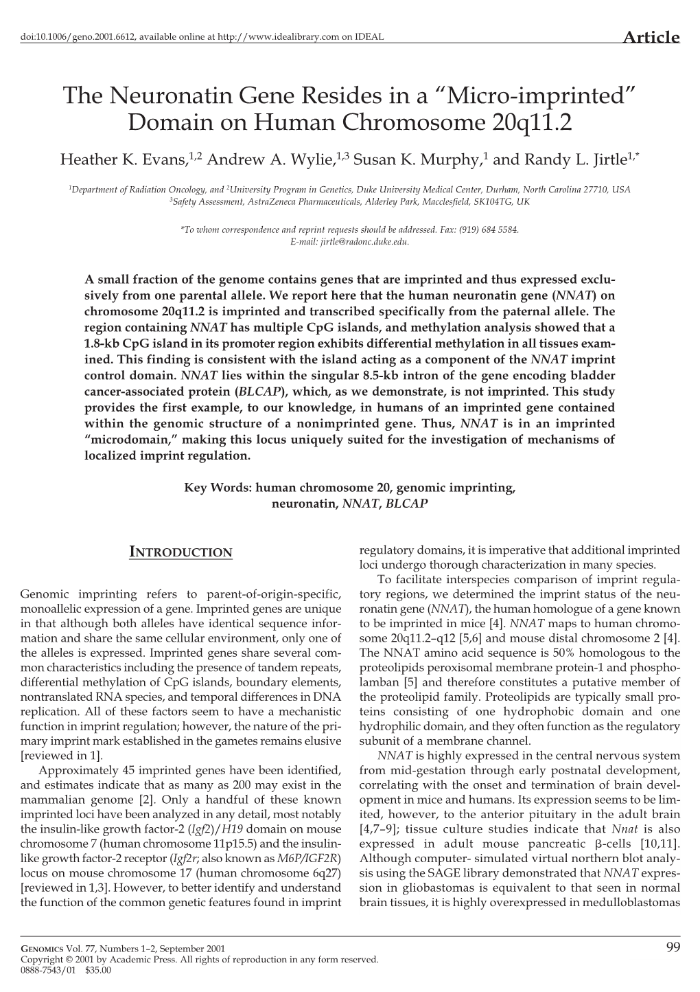 The Neuronatin Gene Resides in a "Micro-Imprinted" Domain on Human Chromosome 20Q11.2