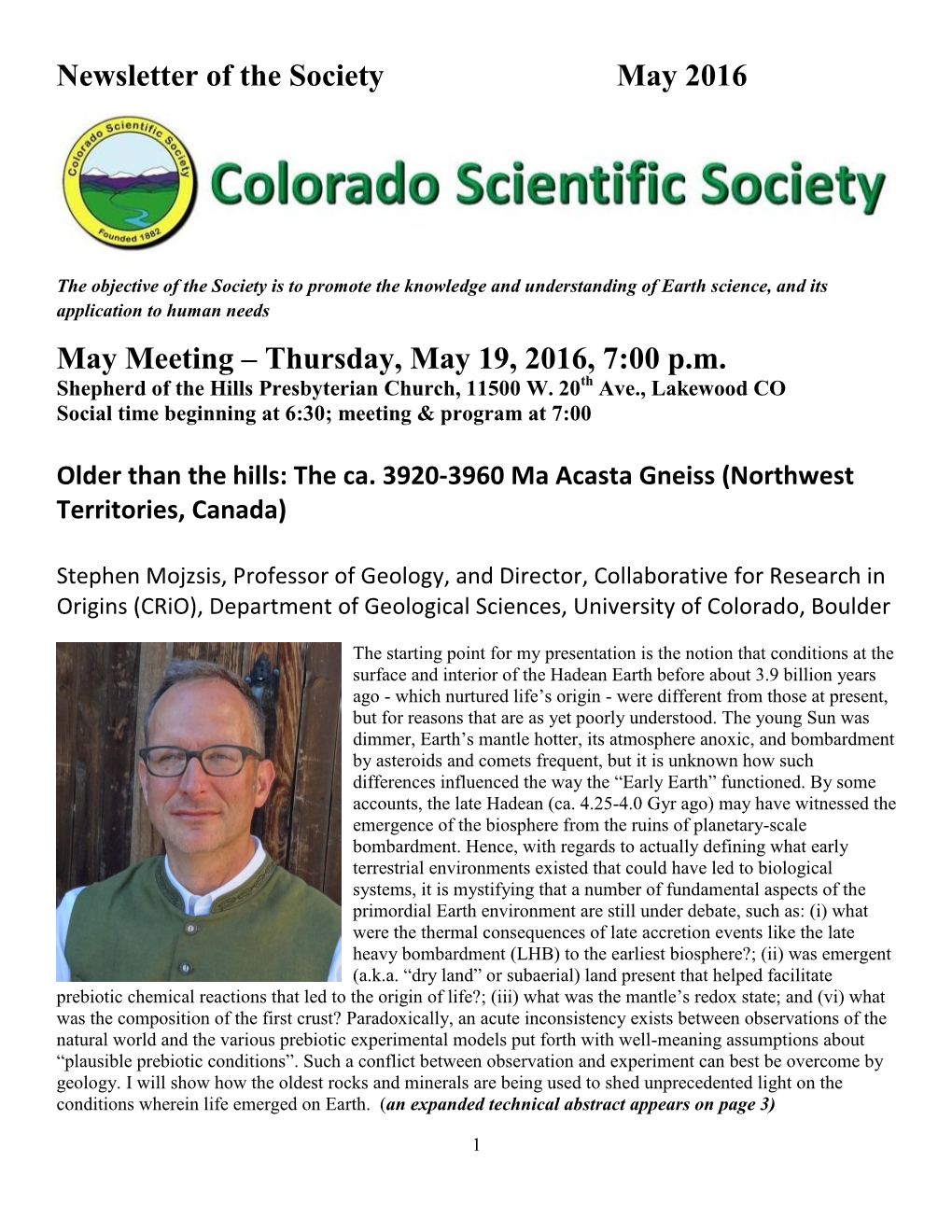 Newsletter of the Society May 2016 May Meeting