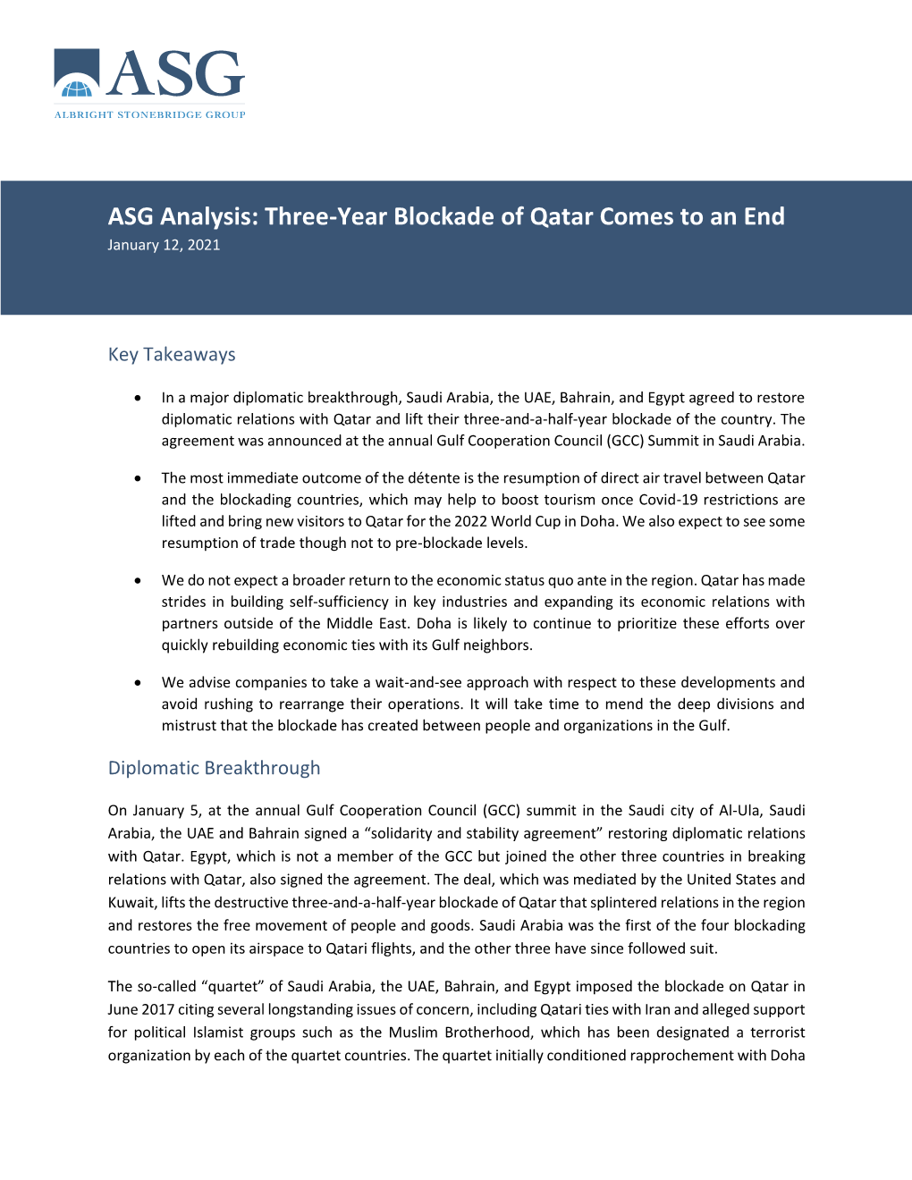 ASG Analysis: Three-Year Blockade of Qatar Comes to an End January 12, 2021