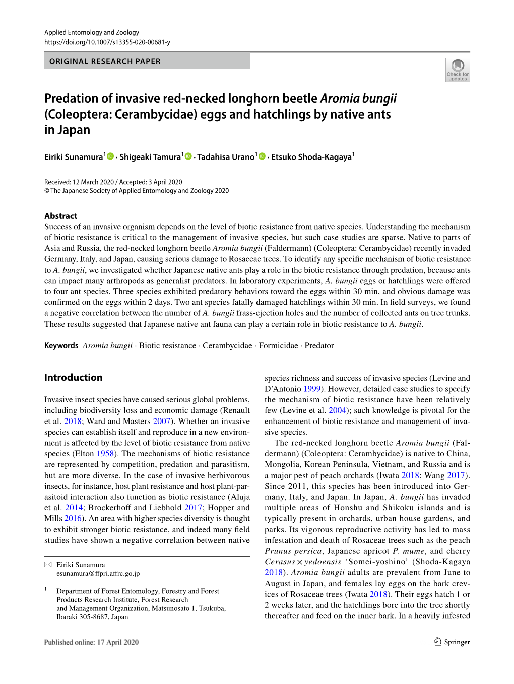 Predation of Invasive Red-Necked Longhorn Beetle Aromia