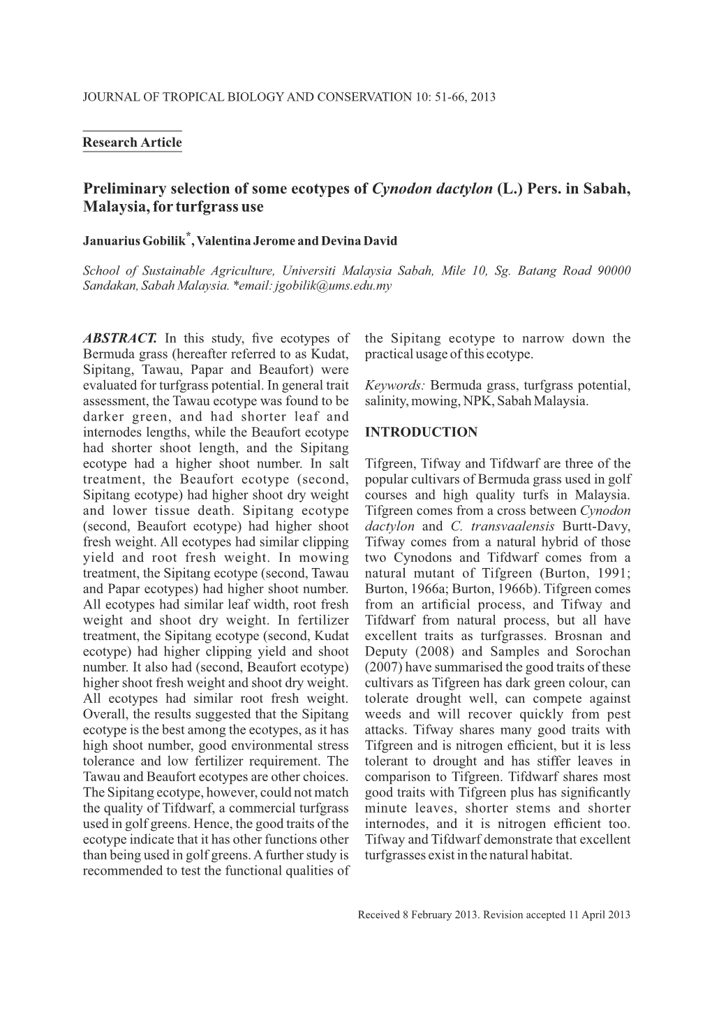 Preliminary Selection of Some Ecotypes of Cynodon Dactylon (L.) Pers