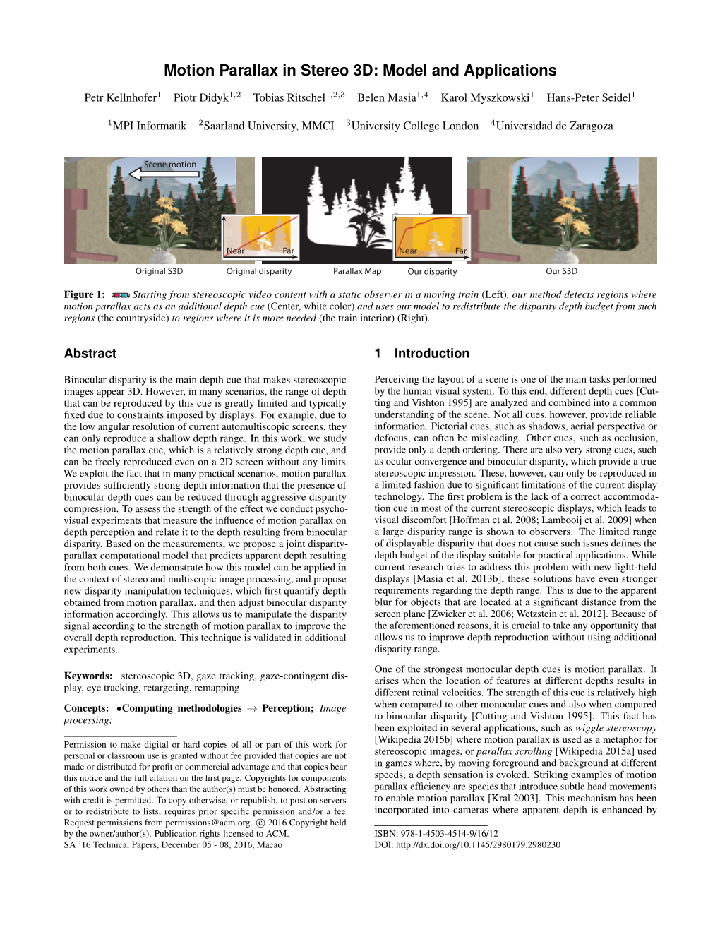 Motion Parallax in Stereo 3D: Model and Applications