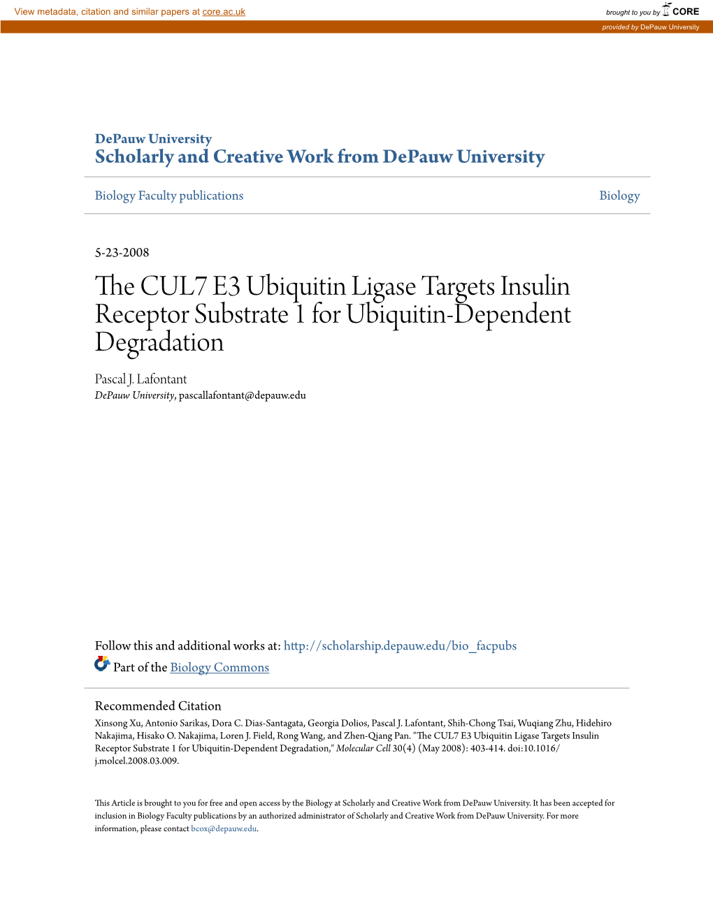 The CUL7 E3 Ubiquitin Ligase Targets Insulin Receptor Substrate 1 for Ubiquitin-Dependent Degradation