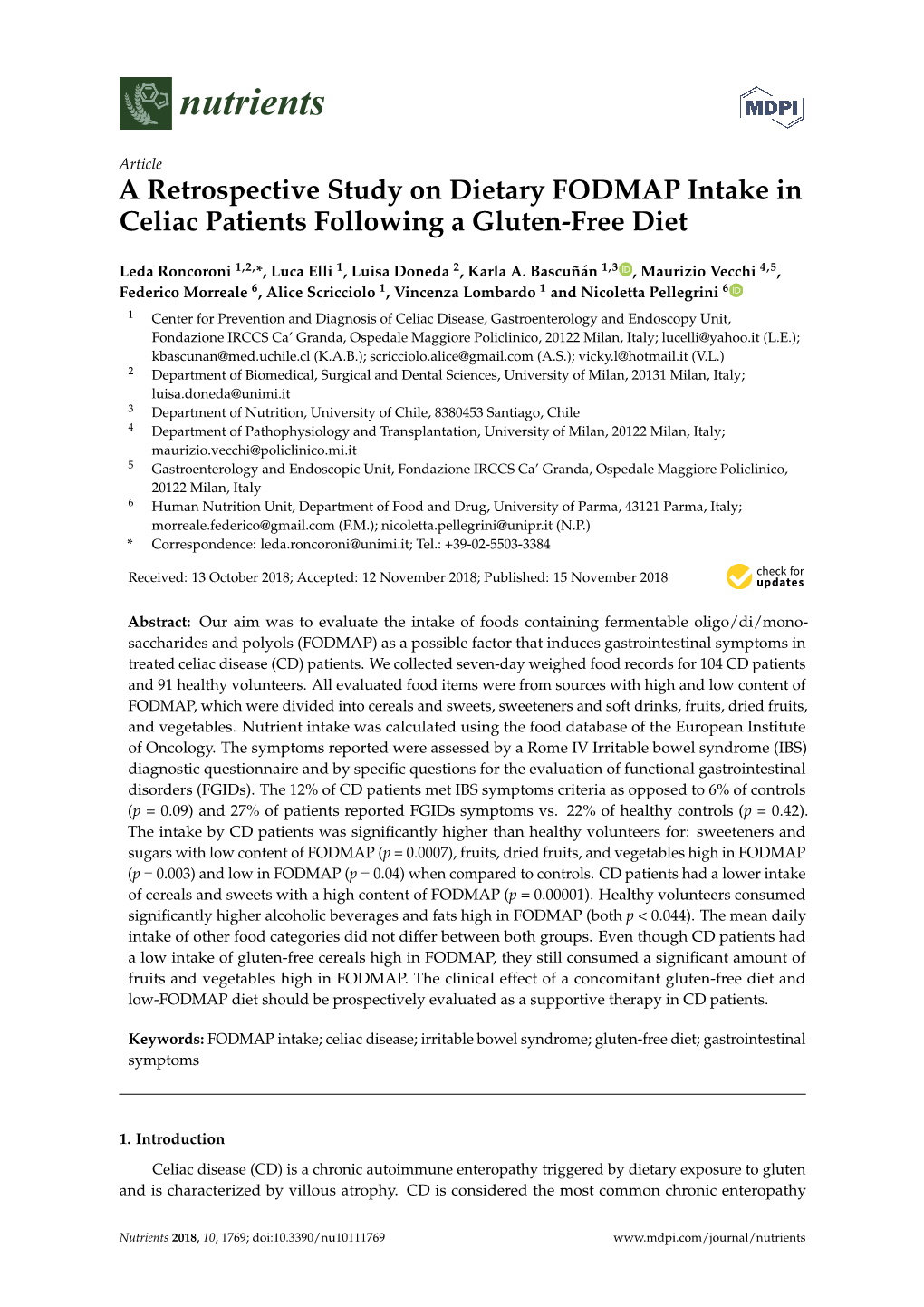 A Retrospective Study on Dietary FODMAP Intake in Celiac Patients Following a Gluten-Free Diet