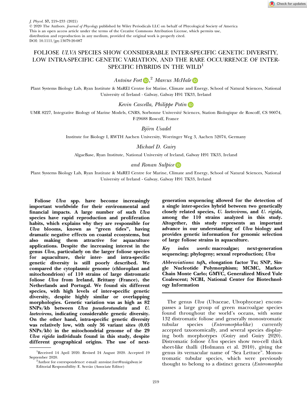 Foliose Ulva Species Show Considerable Inter‐Specific Genetic