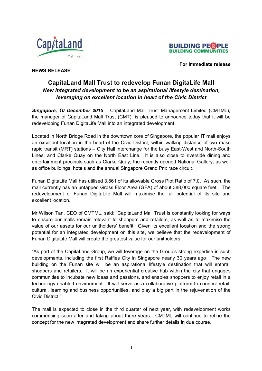 Capitaland Mall Trust to Redevelop Funan Digitalife Mall