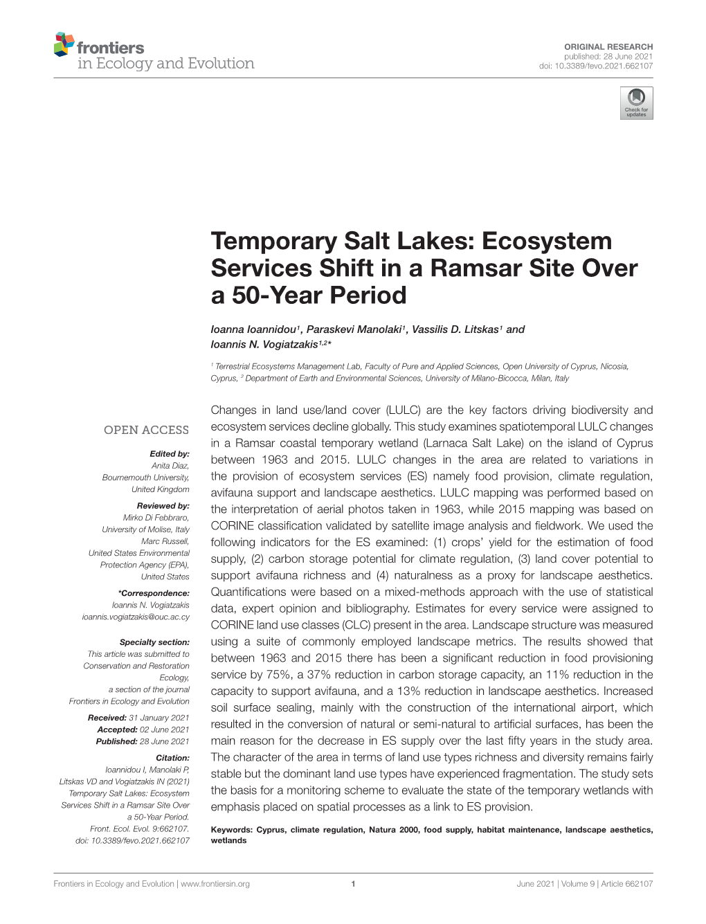 Temporary Salt Lakes: Ecosystem Services Shift in a Ramsar Site Over a 50-Year Period