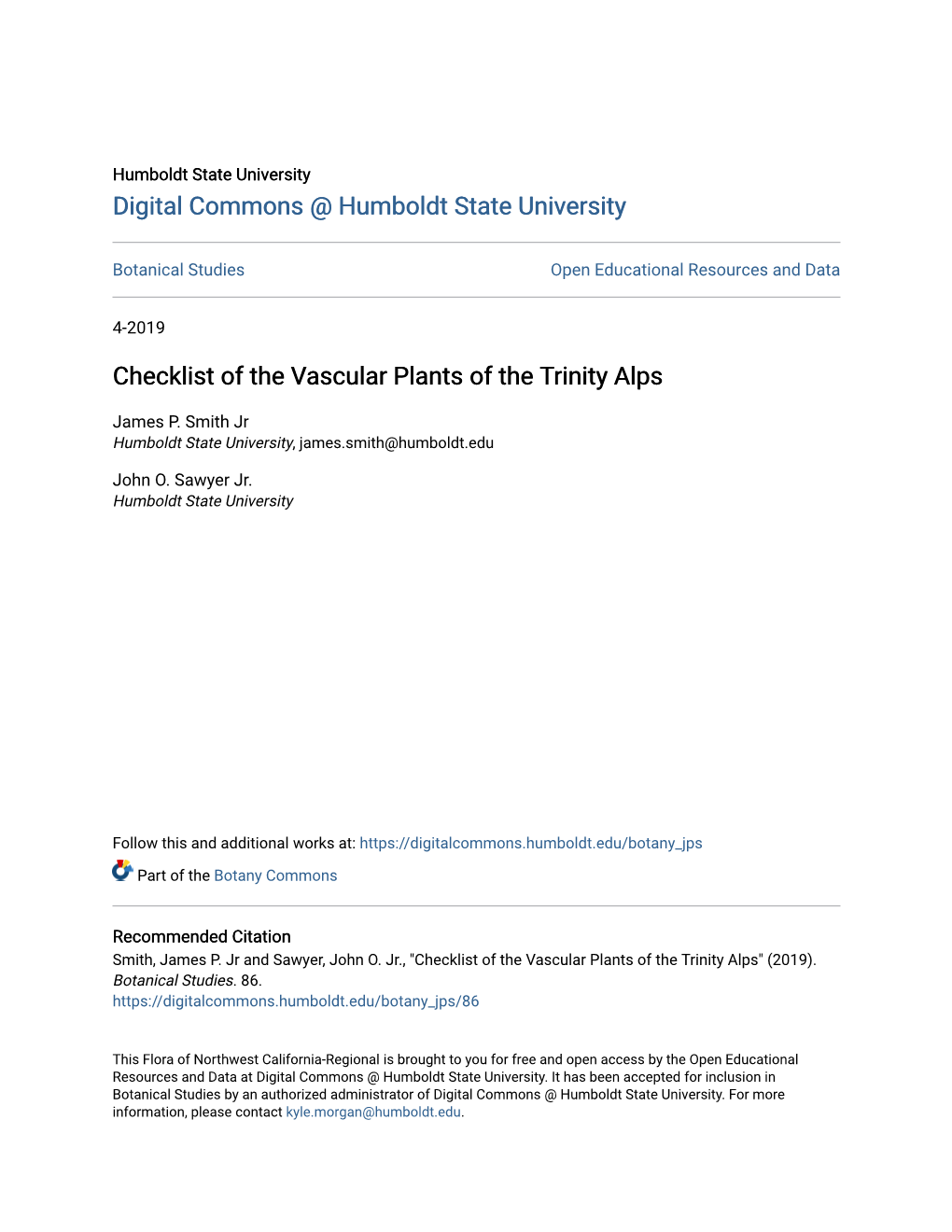 Checklist of the Vascular Plants of the Trinity Alps