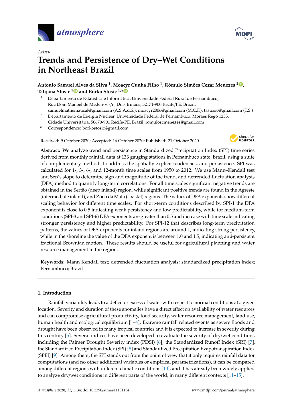Trends and Persistence of Dry–Wet Conditions in Northeast Brazil