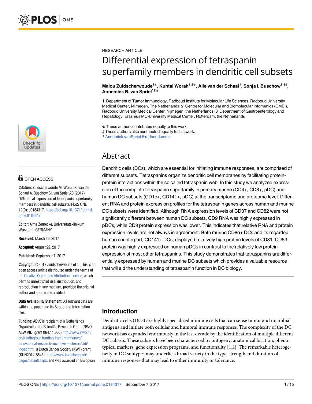 Differential Expression of Tetraspanin Superfamily Members in Dendritic Cell Subsets