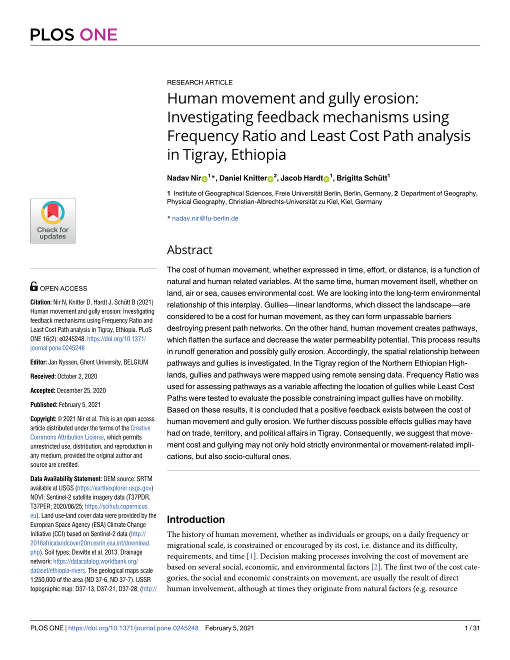 Human Movement and Gully Erosion: Investigating Feedback Mechanisms Using Frequency Ratio and Least Cost Path Analysis in Tigray, Ethiopia