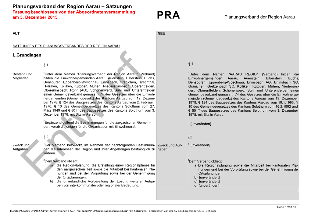 Planungsverband Der Region Aarau – Satzungen Fassung Beschlossen Von Der Abgeordnetenversammlung Am 3