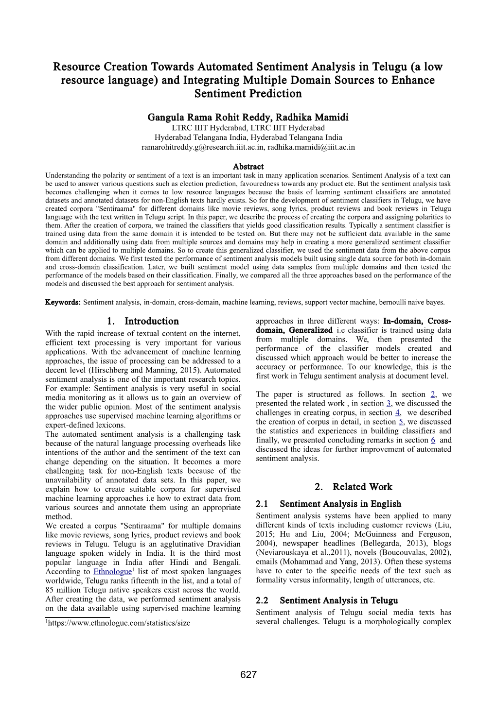 Resource Creation Towards Automated Sentiment Analysis in Telugu (A Low Resource Language) and Integrating Multiple Domain Sources to Enhance Sentiment Prediction