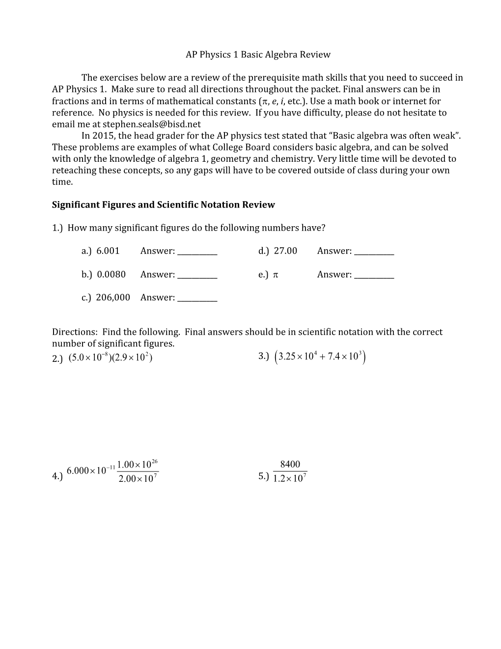 AP Physics 1 Basic Algebra Review