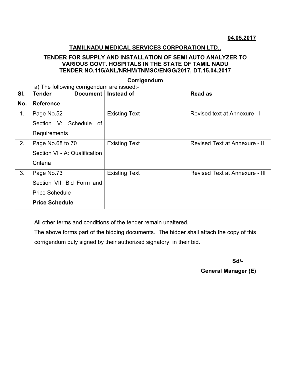 04.05.2017 Tamilnadu Medical Services Corporation Ltd., Tender for Supply and Installation of Semi Auto Analyzer to Various Govt