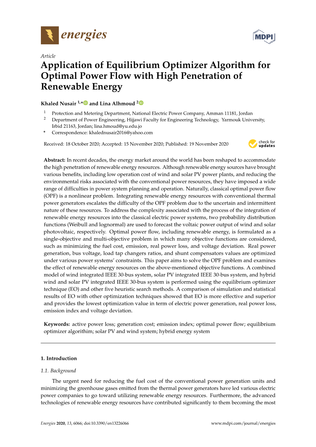 Application of Equilibrium Optimizer Algorithm for Optimal Power Flow with High Penetration of Renewable Energy