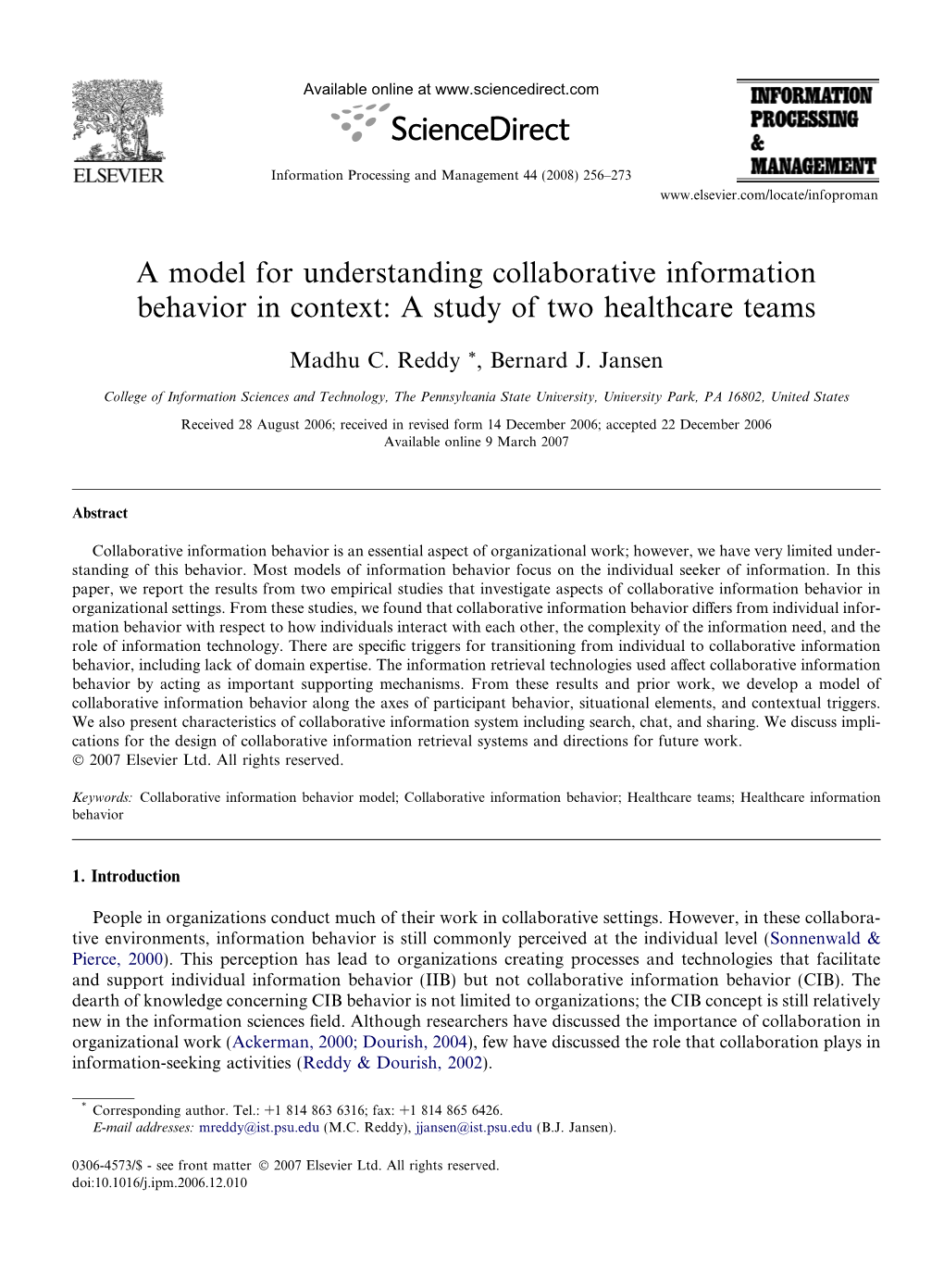 A Model for Understanding Collaborative Information Behavior in Context: a Study of Two Healthcare Teams