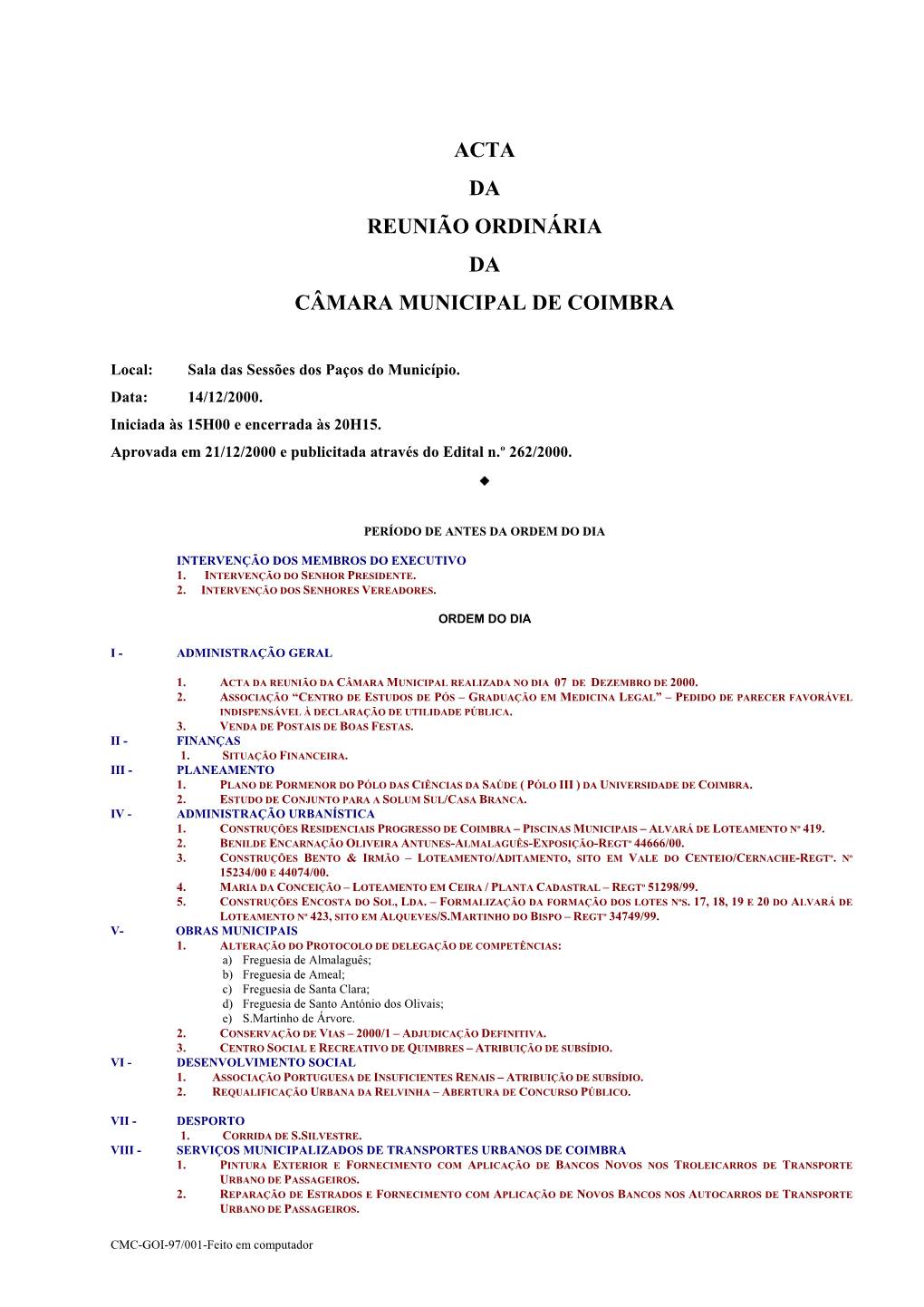 Acta Da Reunião Ordinária Da Câmara Municipal De Coimbra